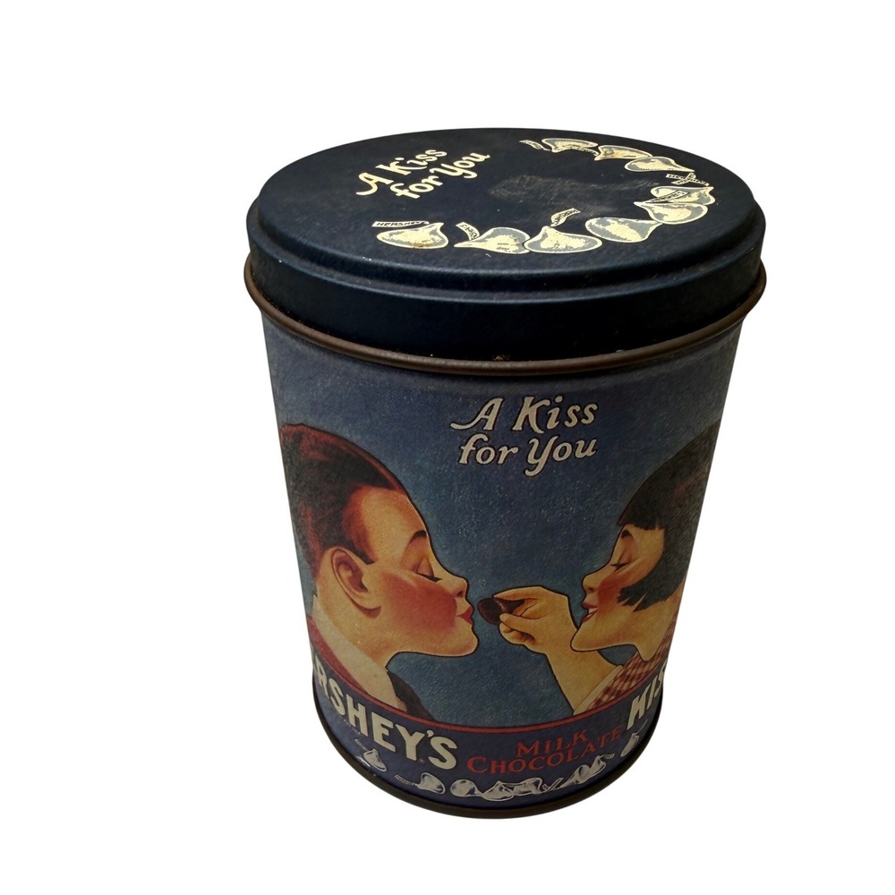 Vintage 1980s Hershey's A Kiss For You Decorative Tin Blue Round Americana Decor